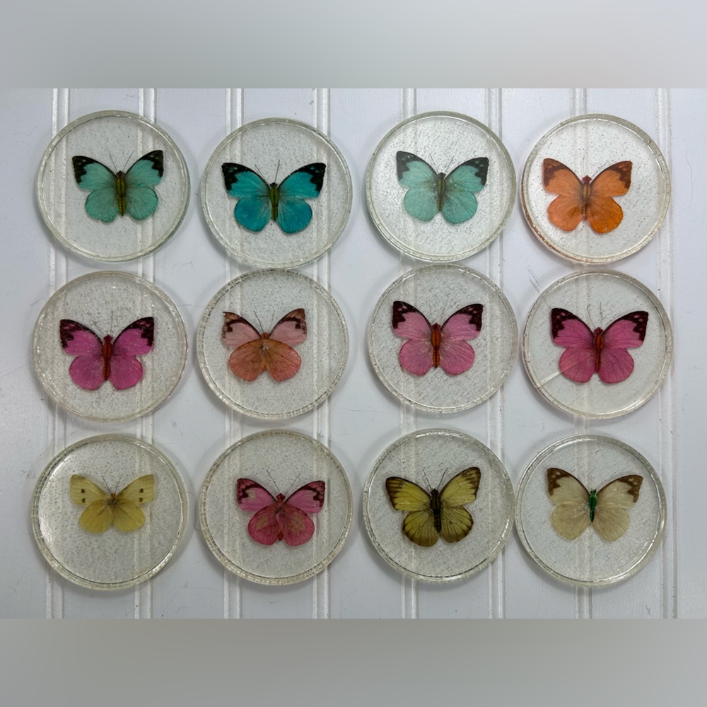 Vintage Coasters Real Butterfly Round Multicolor Acrylic Plastic 3” Lot of 12